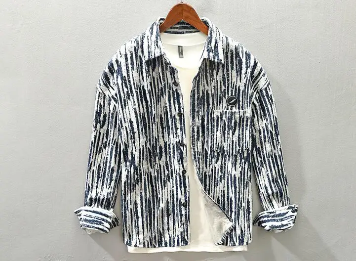 Street Retro Corduroy Shirt Outwear Autumn Winter Men Corduroy Shirt Striped Print Design Casual Long Sleeve Thick Shirts