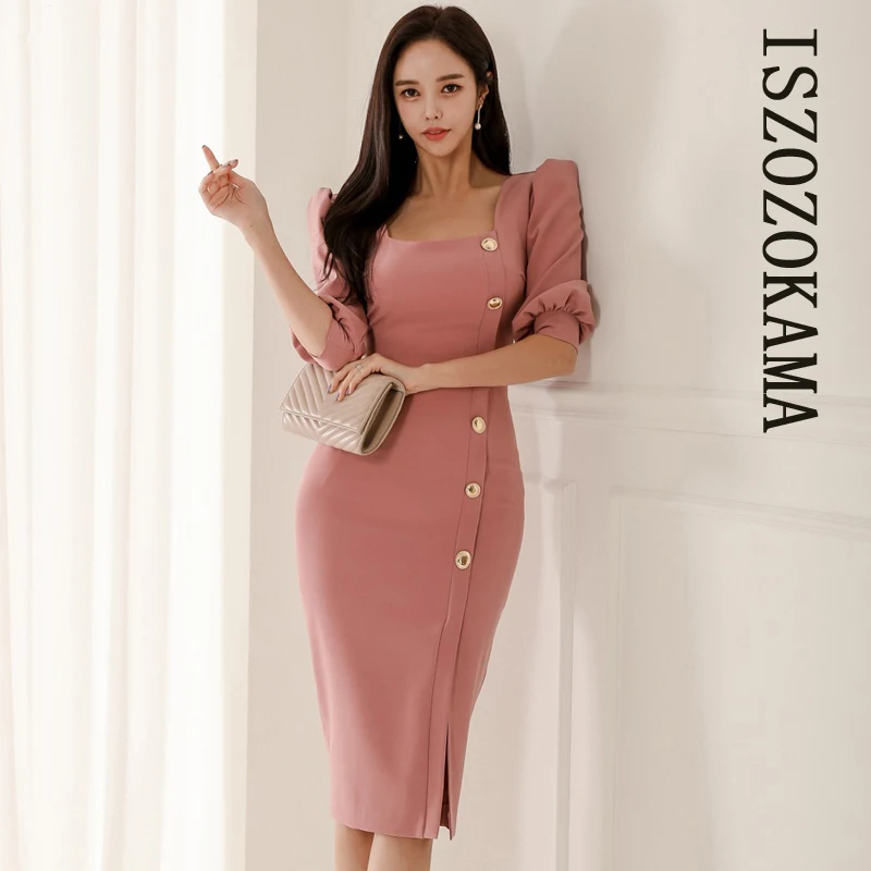 

summer pink tight Dress one piece korean ladies short Sleeve u neck Sexy cabaret party formal Dresses for women