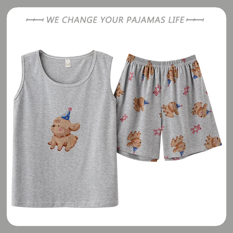 Tank Top Pajamas Women's Summer Sleeveless Shorts Pure Cotton Loose Plus Size Two Piece Set Home Furnishing