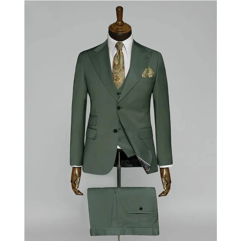 

Роскошные однотонные мужские свадебные костюмы, зеленый пиджак, брюки, жилет, офисная одежда, комплекты, Блейзер, брюки, модные облегающие деловые костюмы