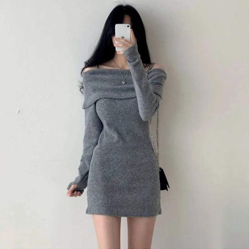 

Women's Dresses Bodycon Clothing Over The Shoulder Solid Female Dress Extreme Mini Crochet Sexy Daring One Knit Short Harajuku