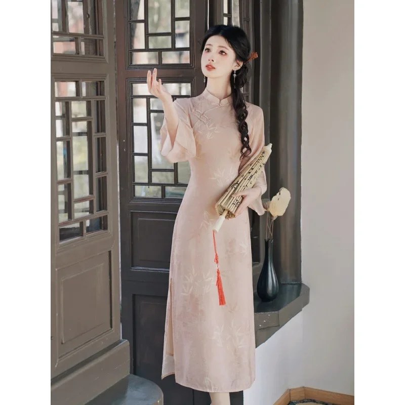 2024 весна-лето женская одежда в китайском стиле элегантное розовое платье с
