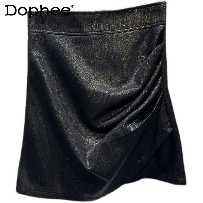 

2023 Autumn New Twill Glossy Pleated Design Nightclub Hot Girl Socialite Short Hip Skirt Women's Clothing Non Strech Mini Skirts