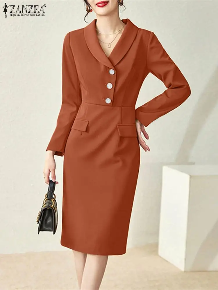 

Элегантное облегающее платье ZANZEA до колен, женские офисные приталенные платья, осень 2023, однотонный блейзер с длинным рукавом, платья