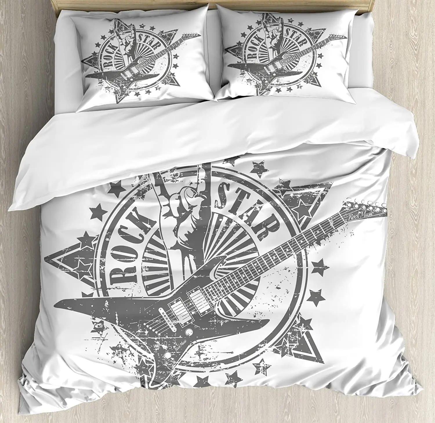

Гитарный комплект постельного белья из 3 предметов, звезды с рок-знаком, монохромный музыкальный комплект пододеяльников, Комплект постель...