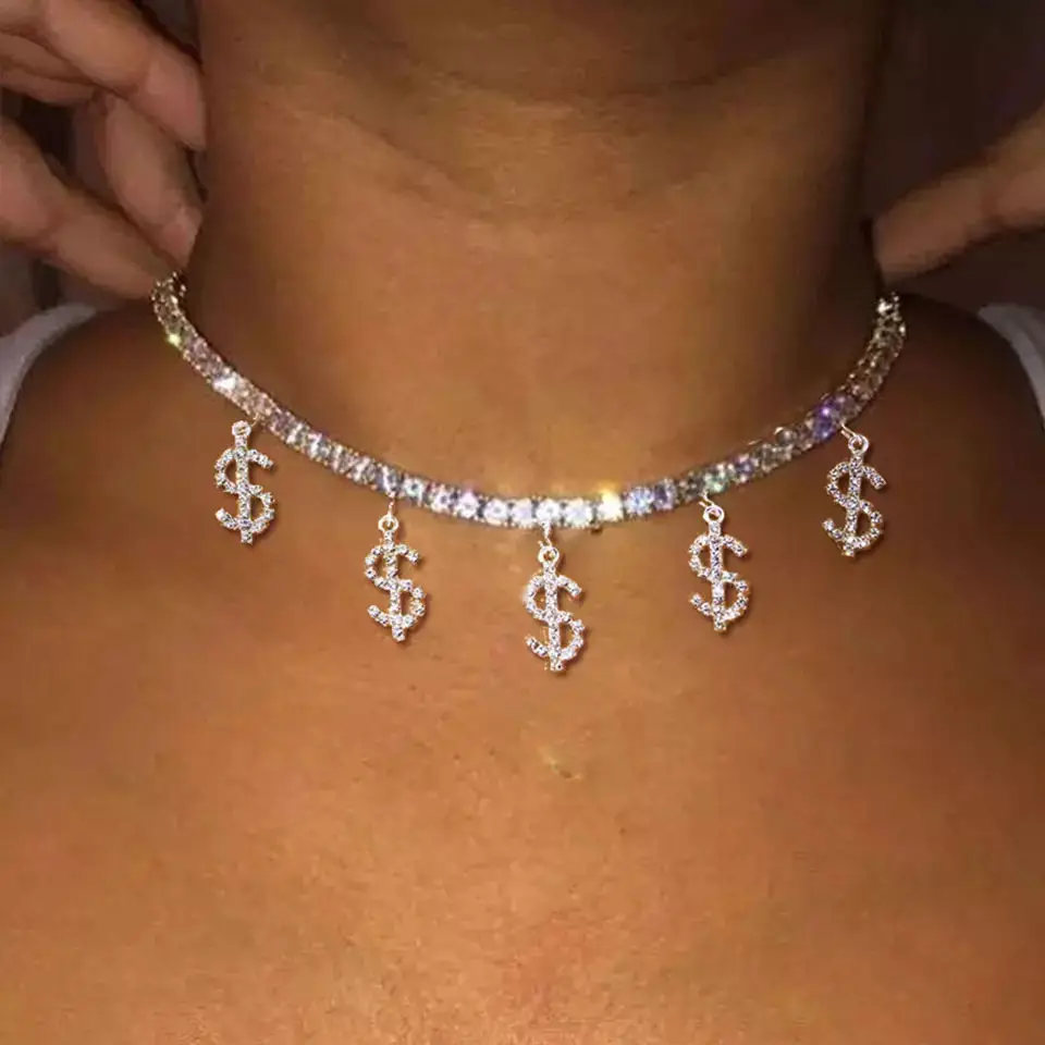 

Fashion Crystal Dollar Sign Necklace for Women Charm Neck Chain Cute Bohemian Pendant Necklace Collar Choker Jewelry