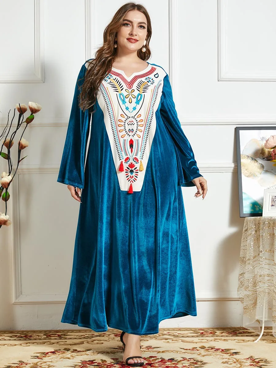 Женское бархатное платье с вышивкой, длинное платье в мусульманском стиле с большим подолом в арабском стиле, размеры до 4XL