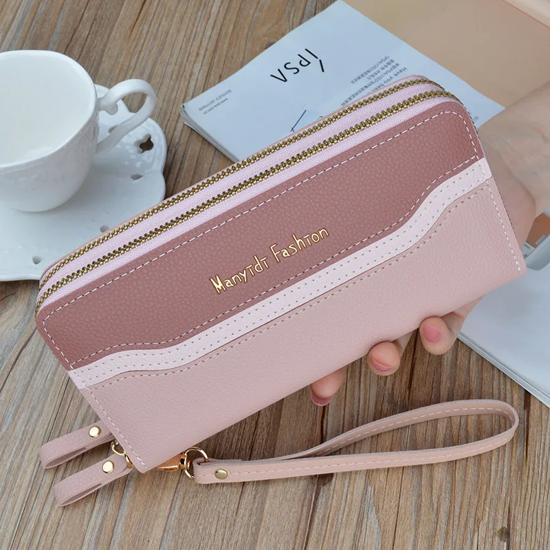 

New Wallet Ladies Long Double Zipper Large Capacity Clutch Splicing Contrast Color Mobile Phone Bag Hot Sale Wallets for Women