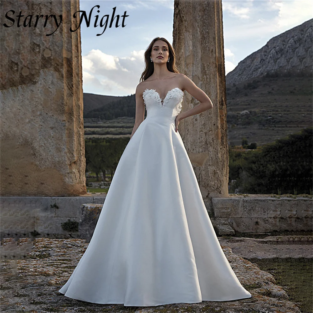 

Graceful Sweetheart Beadings Wedding Dresses A Line Satin Appliques Wedding Gown Detachable Sleeves Dress For Bride 2022 vestido