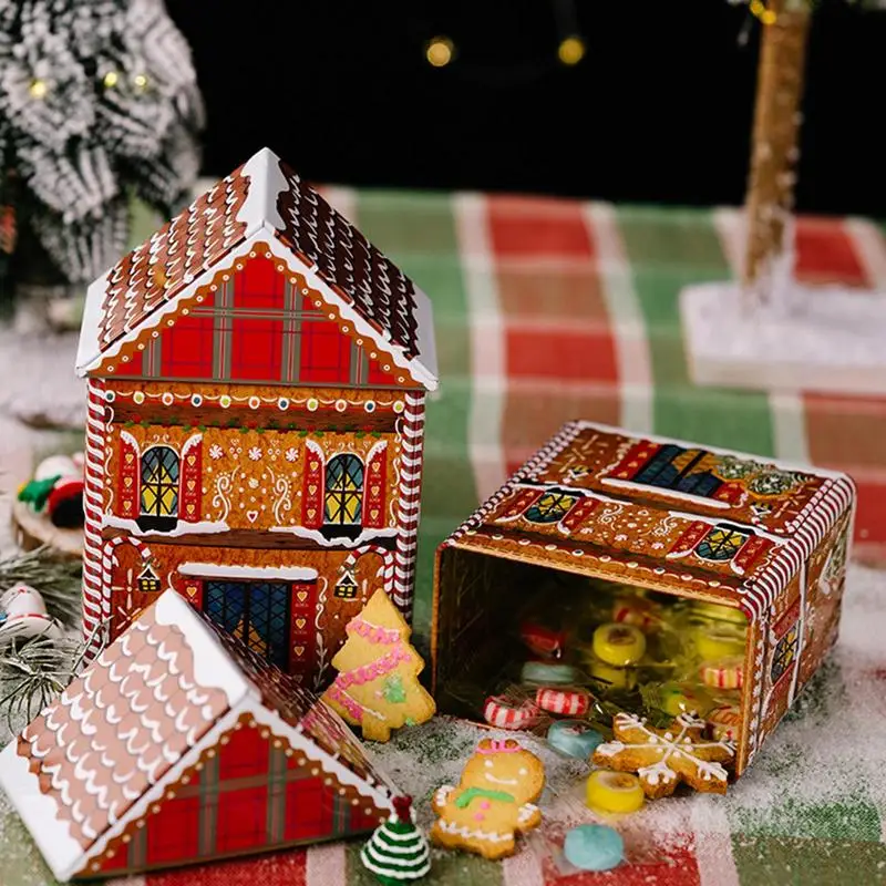 

Christmas Gift Tin Box Cartoon Printed House Type Cookie Tin Bakery Christmas Treat Boxes Candy Cookie Boxes for Treats Gifts