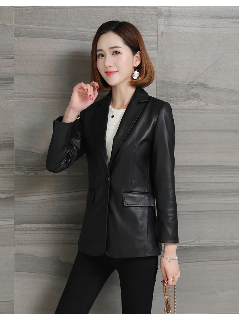 

YR!Free shipping.2022 new brand.quality women leather suits.black soft sheepskin coat.fashion spring leather clothes.
