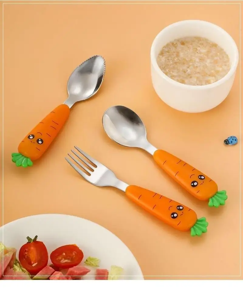 

3PCS Practical Kitchen Supplies Children Carrots Tableware Set Stainless Steel Spoon Fork Flatware With Box Kids Dinnerware