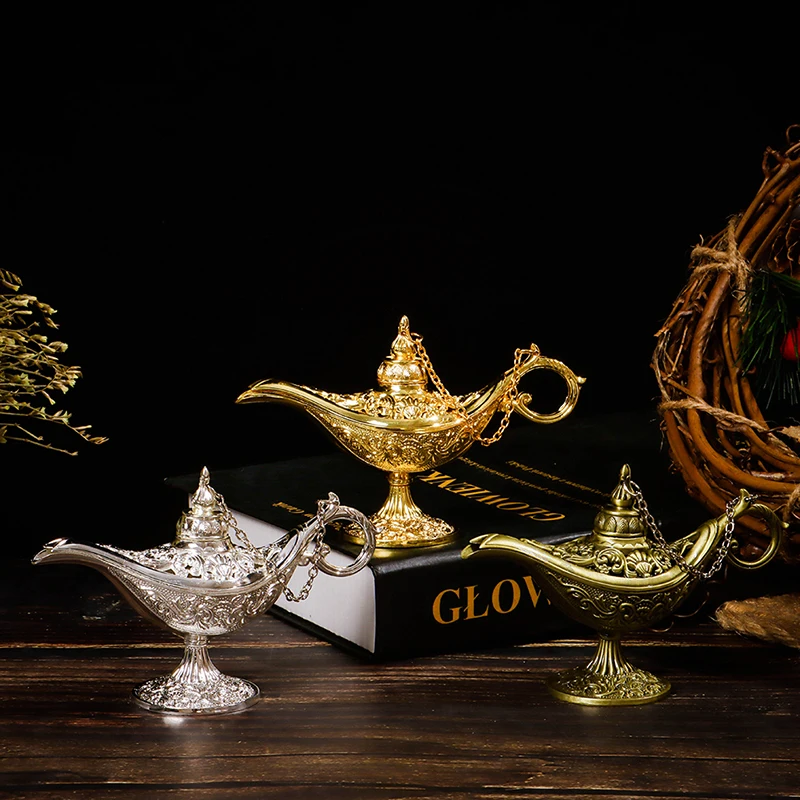 

1PC Hollow Fairy Tale Aladdin Lamp Vintage Retro Magic Wishing Lamp Tea Pot Home Aromatherapy Ornaments Incense Burner Buddhism