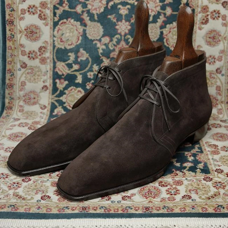 

2023 New Fashion Casual Shoes Men's Ankle Boots Coffee Square Toe Lace Up Business Boots