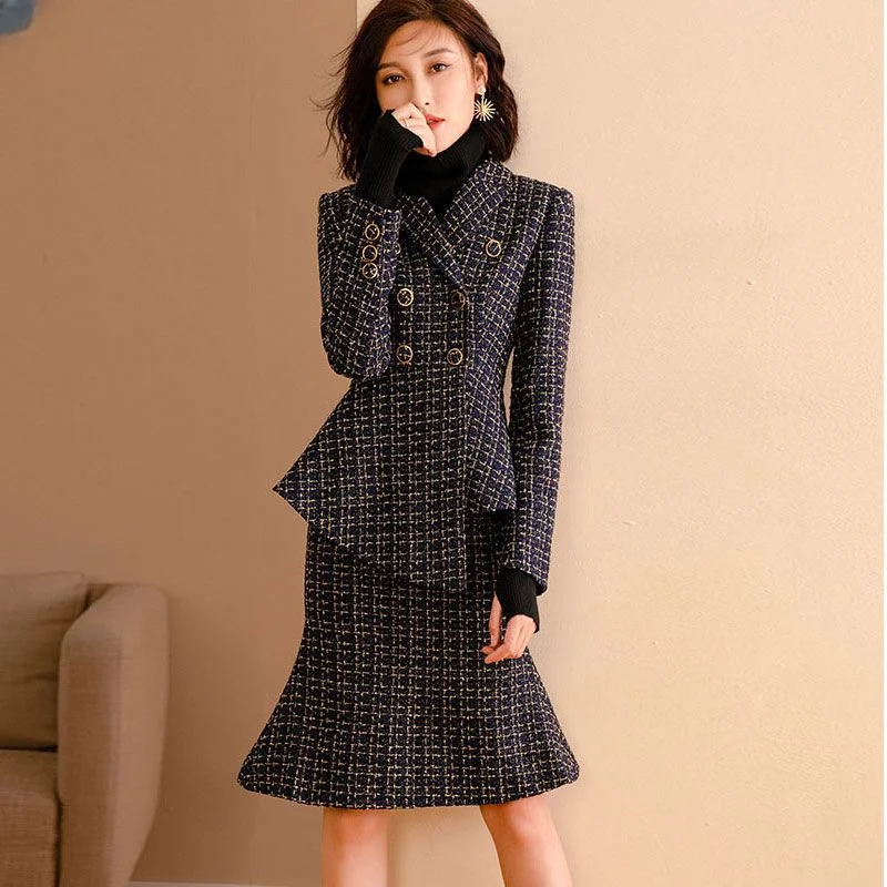 

2023 Autumn Winter Women New Woolen Suits Female Double Breasted Plaid Jacket + Fishtail Skirts Ladies Two Piece Sets R228