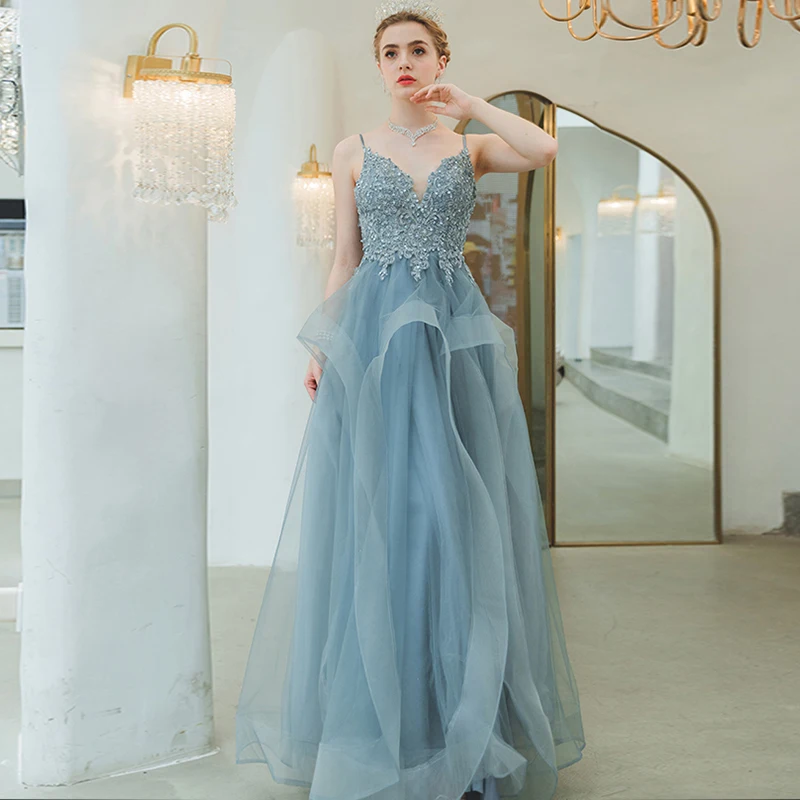 

Evening Dress Spaghetti Strap Elegant V-Neck Backless Lace Up Floor-Length Embroidery A-Line Plus Size Women Formal Gowns TS041