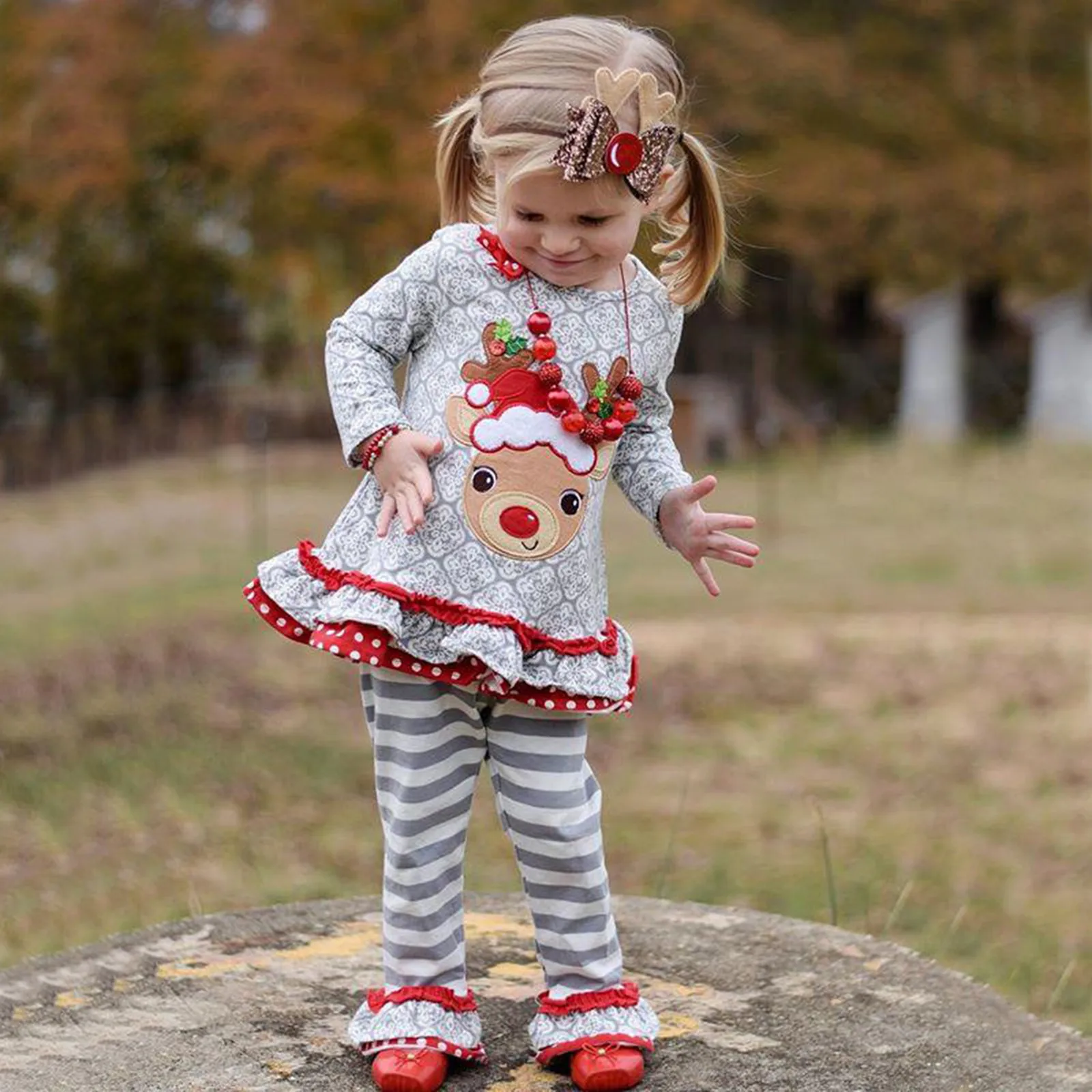 

Toddler Kids Christmas Outfits Baby Girls Clothes Set 2pcs Deer Print Ruffle Long Sleeve T Shirt Tops Striped Pants Xmas Set