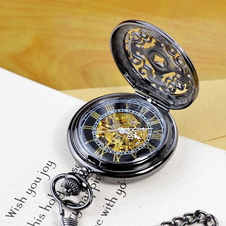Luxury Mechanical Black Pocket Watch for Men Women Hollow Skeleton Dial Roman Dial Fob Chain Pendant Clock for Collection Gift