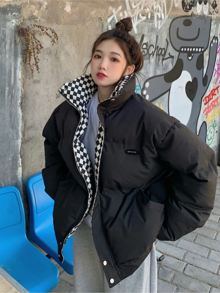 2022 Winter New Plaid Padded Jacket Women's Loose Thick Warm Casual Coat Female Korean Bread Clothes Outwear