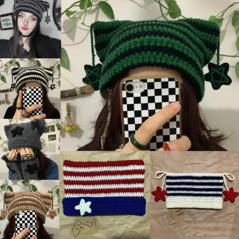 

Knitted Cat Ear Hat for Students Adult Windproof Foldable Winter Hat Handmade Cat Ear Shape Keep Warm Cycling Hat