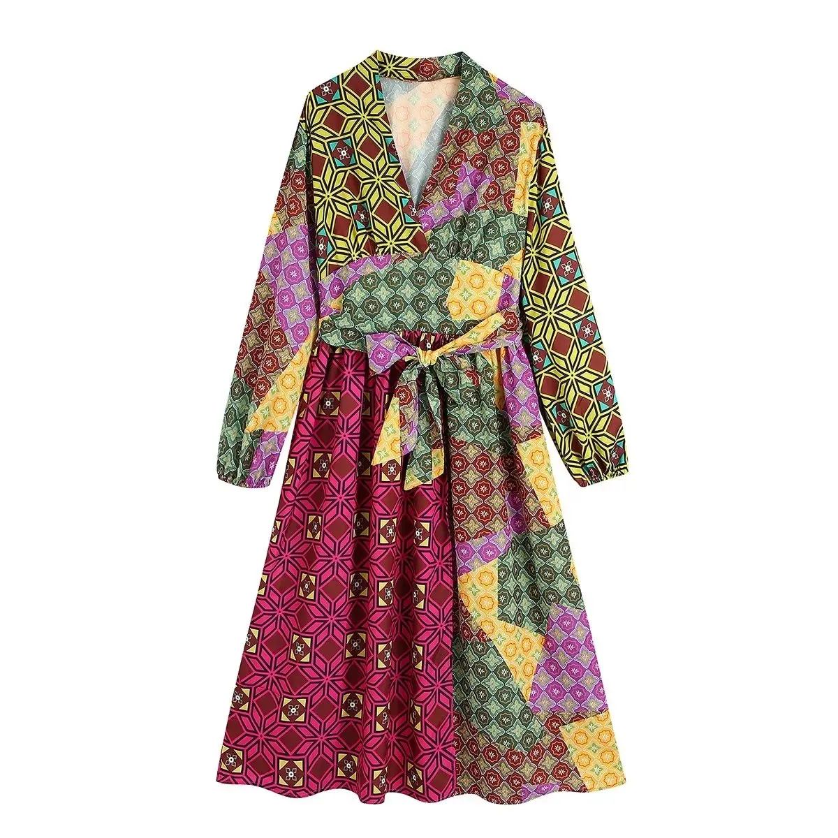 

SuperAen European and American Style Women's New 2022 Color Printing Belt High Waist Retro Print Long Dress