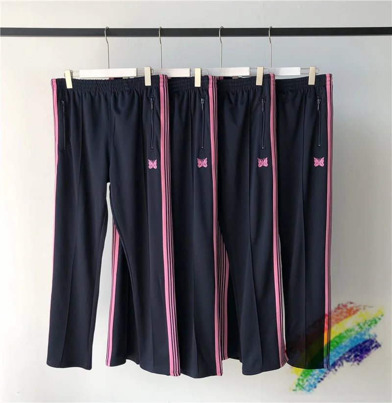 

Black Needles Sweatpants Men Women Top Quality Pink butterfly Embroidery Needles AWGE Pants Hip-Hop AWGE Striped Pants