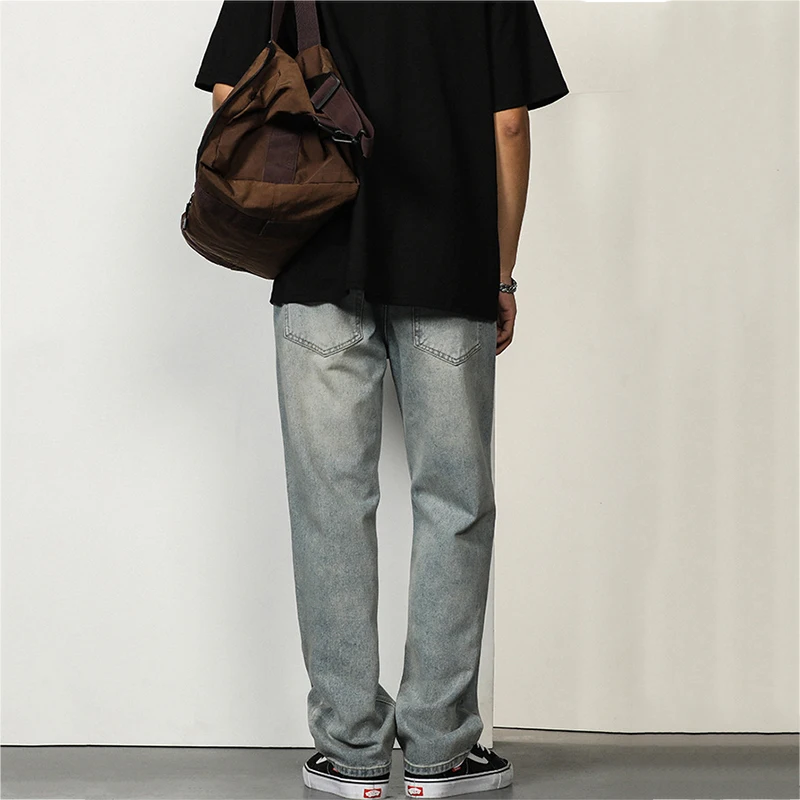 Fashion men's spring and autumn jeans men's vibe style high street retro drape American loose straight mop trousers ins hot sale