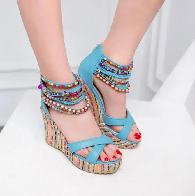 

New Summer Women Strap Sandals Women's Pink Open Toe Solid Casual Shoes Rome Wedges beaded Sandals Sexy Ladies Shoes Large size