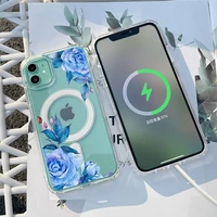 flower background phone case for iphone 13 12 11 mini pro max transparent super magnetic magsafe cover