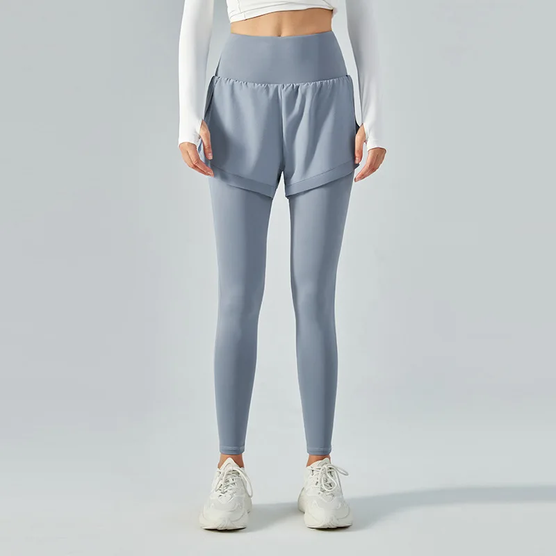 Fake two pieces of yoga pants, women's summer thin high waist hip lifting sports fitness pants, traceless naked pants