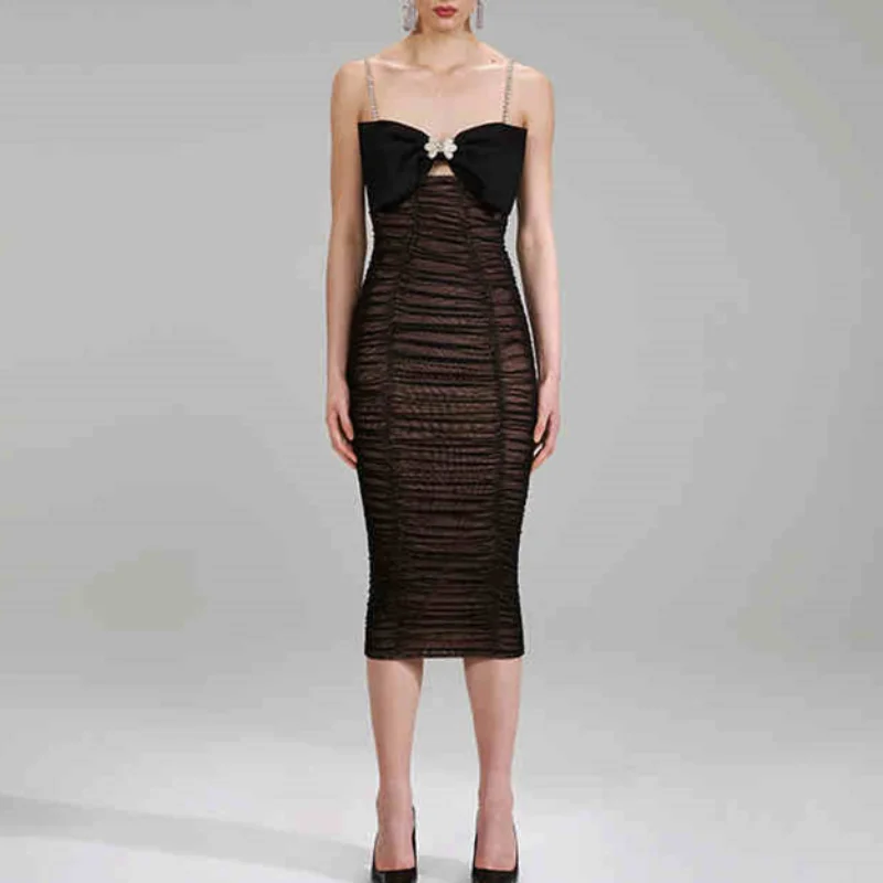 Black Sexy Dress for Women 2023 Summer Spaghetti Strap Bodycon Dress Ladies V-neck High Waisted Elegant Party Vestido Bow