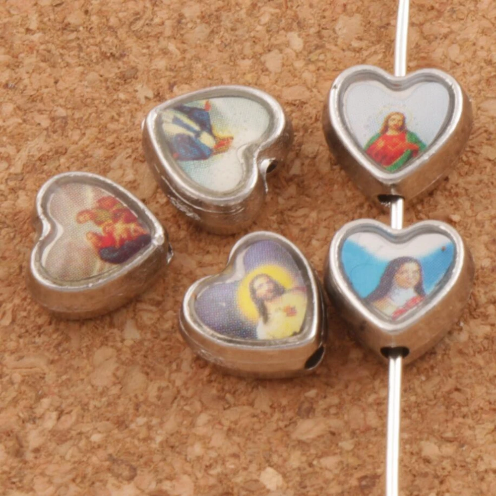 

30Pcs Saint Jesus Maria Heart Spacers Charm Beads Antique Silver Alloy Sage Fashion Jewelry Findings Components L1760