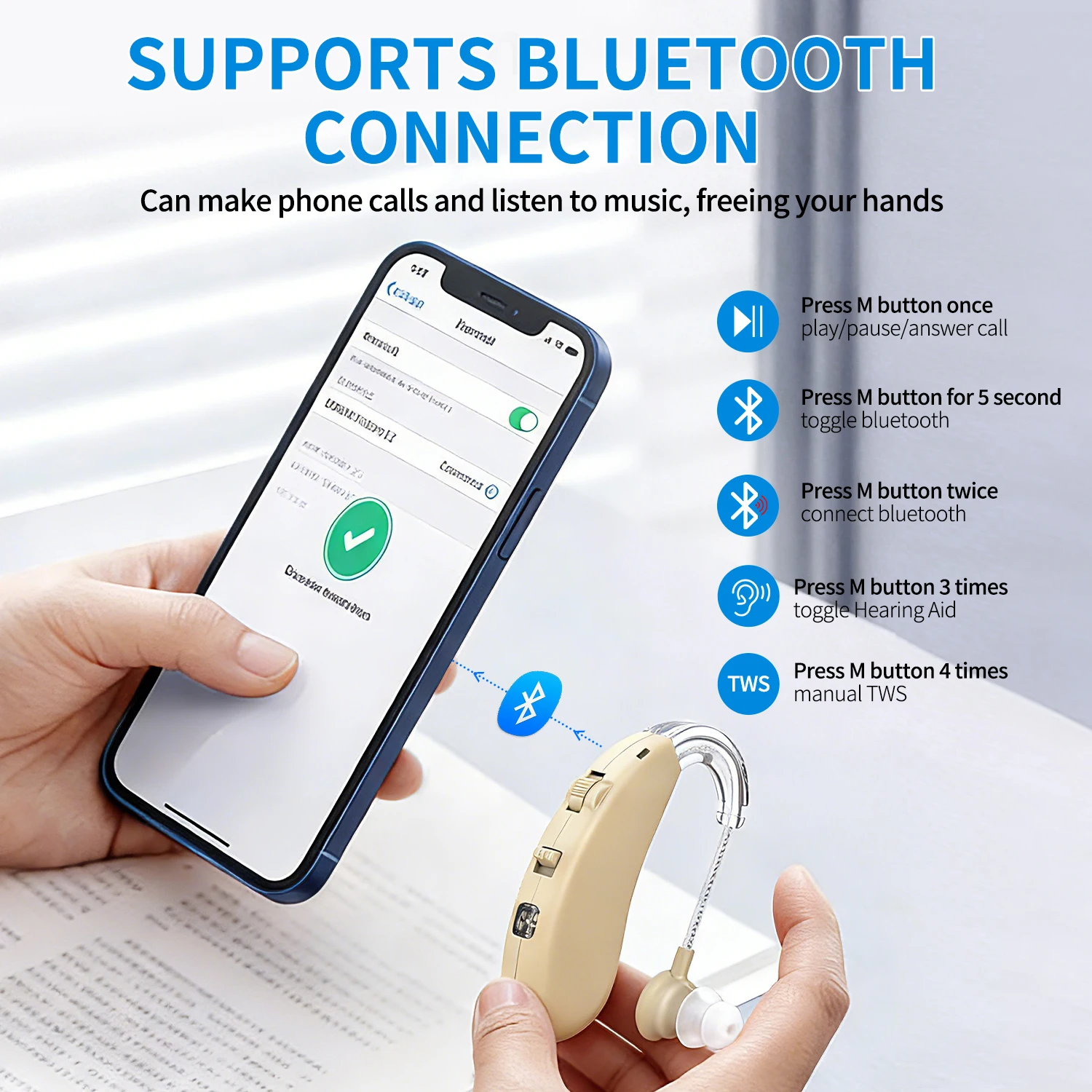 Фото 16-канальный невидимый микрофонный перезаряжаемый Bluetooth-слуховой аппарат с костной проводимостью, усилитель звука без свистящих звуков для пожилых людей с нарушениями слуха №5