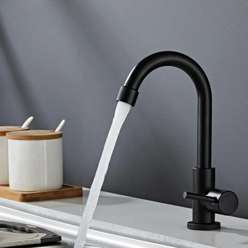 

Black Stainless Steel Single Hole Basin Kitchen Faucet Bathroom Cabinet Single Cold Water Faucet Rotatable