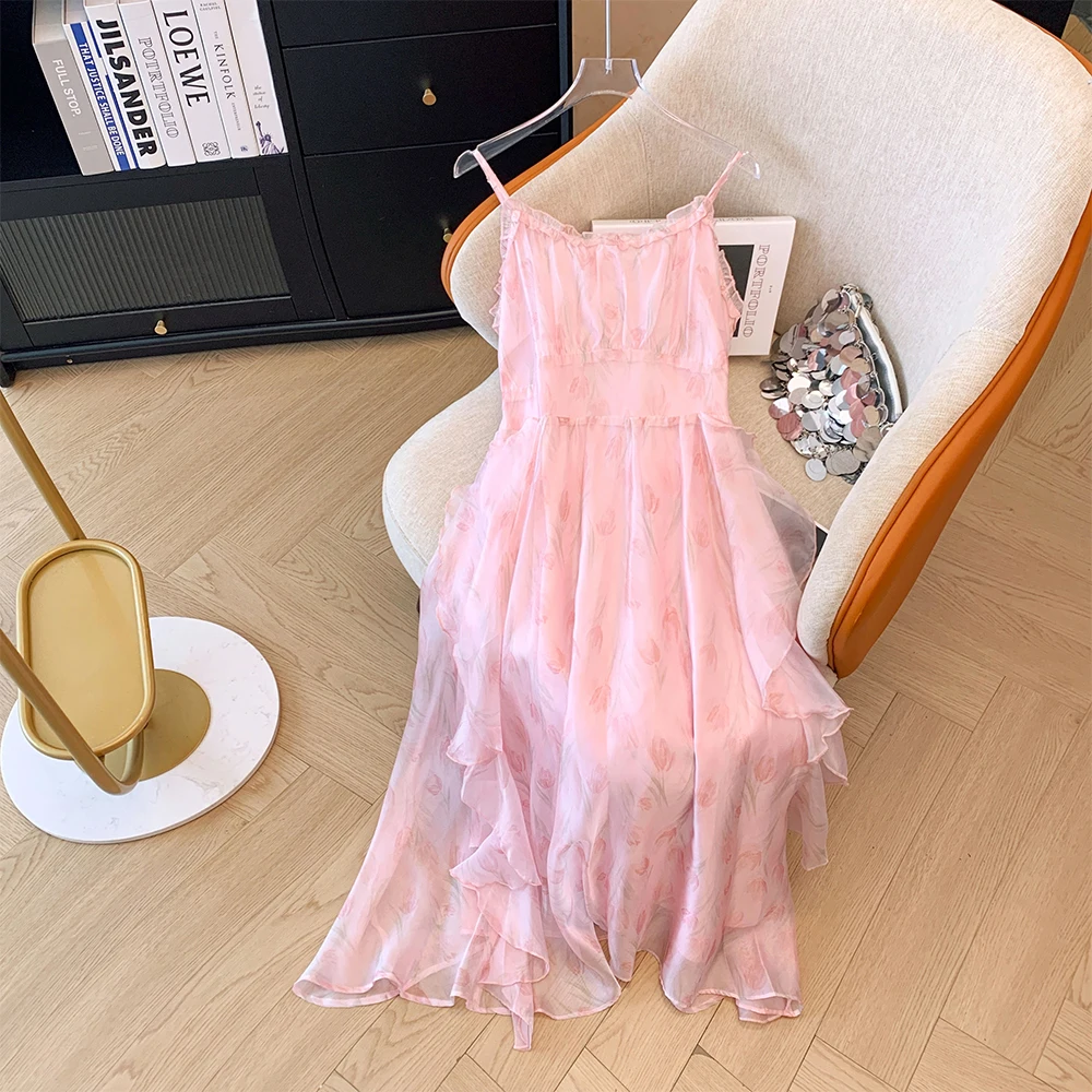 Женское повседневное летнее платье-комбинация розовое шифоновое платье средней