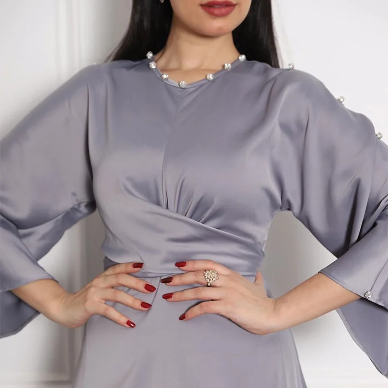 New Middle East Dubai Ramadan Satin Lotus Sleeve Dress Muslim Woman Robe Femme Musulmane Abaya Turkey Long Dresses