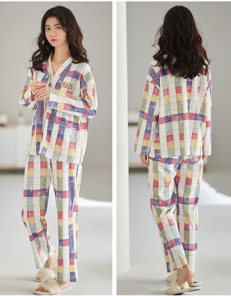 New Cotton Women'S Pajamas Long-Sleeved Plaid Print Pajamas Style Temperament Cardigan Outerwear Home Service