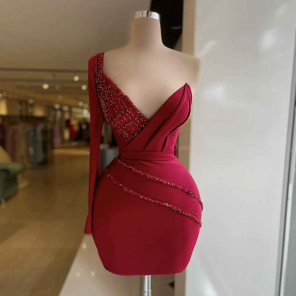 

Satin Cocktail Dresses 2022 Burgundy V-Neck Beading Luxury Evening Dress One-Shoulder Pleat Long Sleeves Mini Sheath Prom Gowns