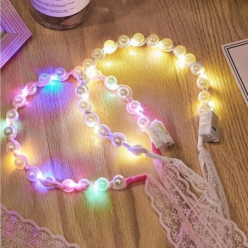 

Lightingeverthing Lace Ribbon Veil Luminous Hair Bands Fairy Lights Light up Headband Female Tie