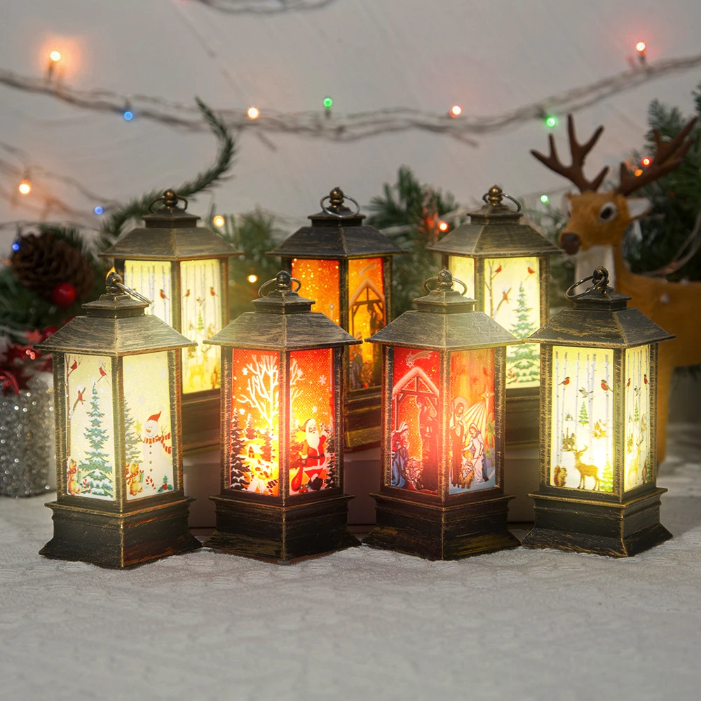 Рождественский Фонарь В Стиле Ретро Со Снеговиком И Оленями Рождественское