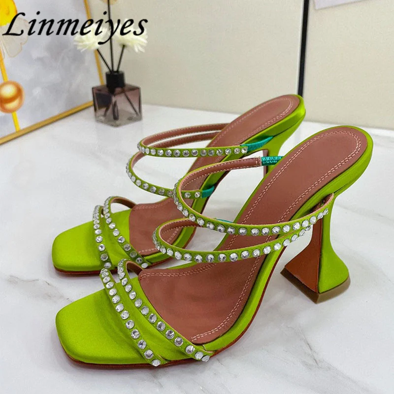 

Cup Heels Slippers Women Hollow Out Rhinestone One Strap Styles Mules Shoes Woman Square Peep Toe Summer Sandals Woman