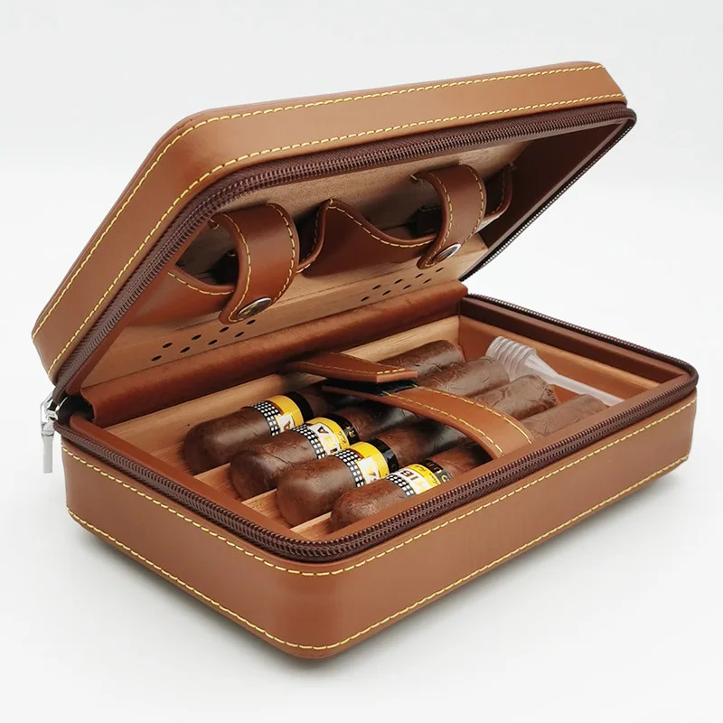 

Portable Cedar Wood Cigar Humidor Box Travel no logo Leather Cigar Case Storage 4 Cigars Box Humidor Humidifier For Sigar