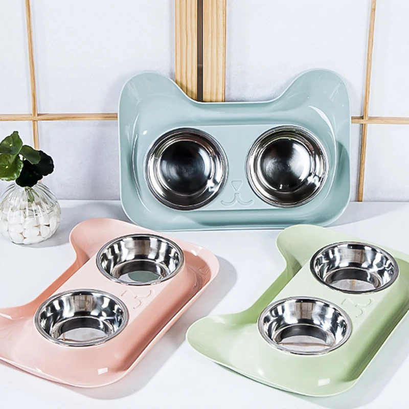 

New Pet Anti-Knock 2 In 1 Stainless Steel Food Bowl Automatic Feeder Feeding Drinking Water Double Bowl For Cats And Dogs