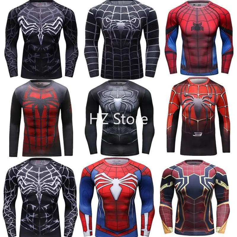 Marvel 3D Super Hero Spider Man Training Suit Basketball Football Sports Elastic Slim Fit Long Sleeve T-shirt Fitness Tight