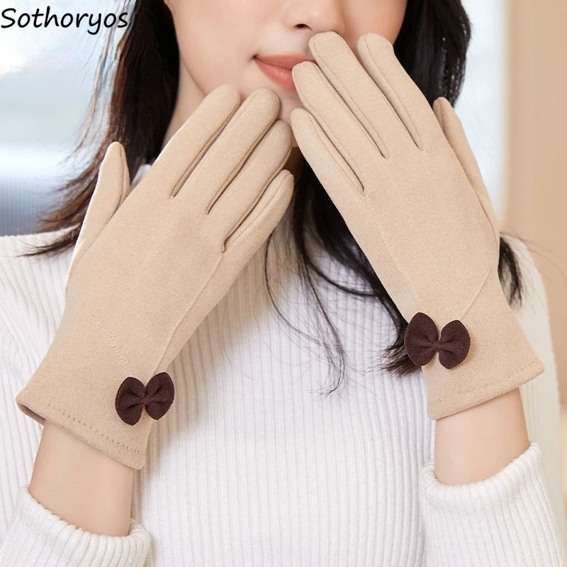 

Женские перчатки с милым бантом для девушек и студенток, бархатные варежки с пальцами для сенсорного экрана, теплые Осенние перчатки, новинка