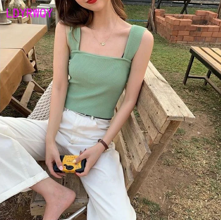 

camisole ，2022 Sling Hong Kong Style Short Versatile Knitted Sleeveless Vest Broadcloth Regular Tanks
