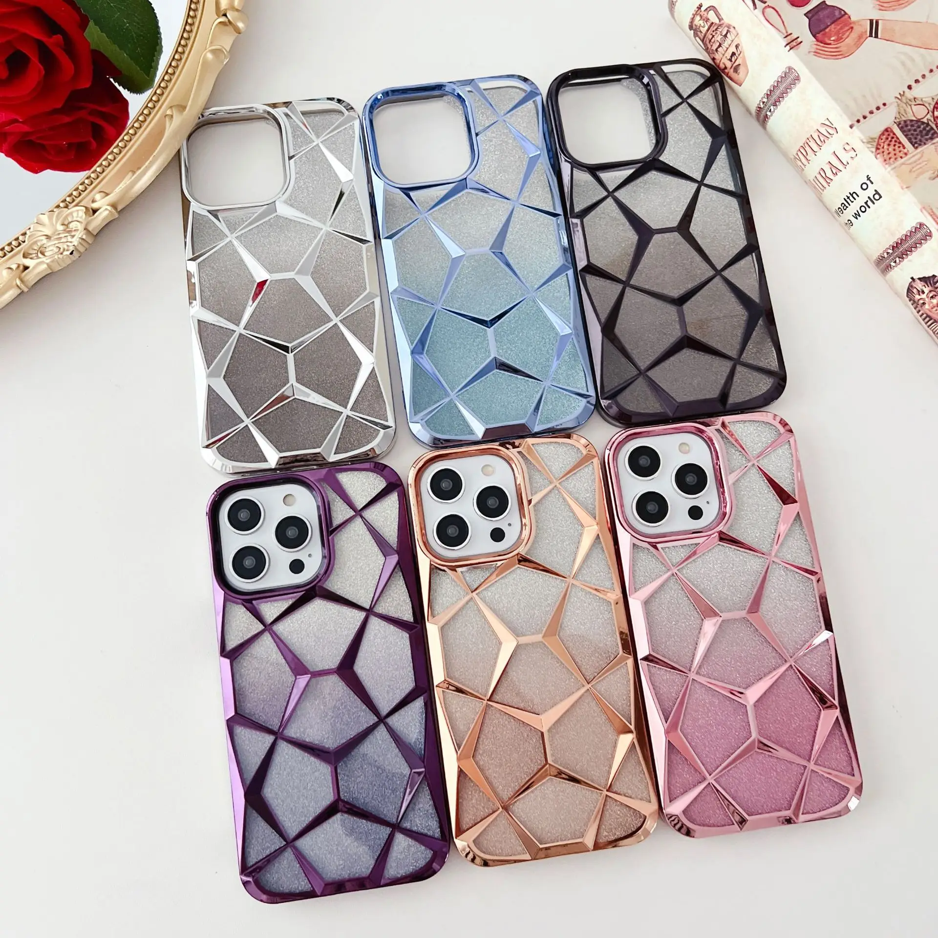 

Electroplated Stereoscopic Rhombic Lattice Phone Case For iPhone 15 14 13 12 11 ProMax Gradient Glitter All-wrap Protective Case