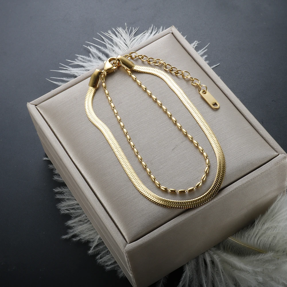 

Gold Plated Stainless Steel Thick Cuban Chain Bracelet Beads for Women Punk Miami Double Layered High QualitySnake Chain Jewelry