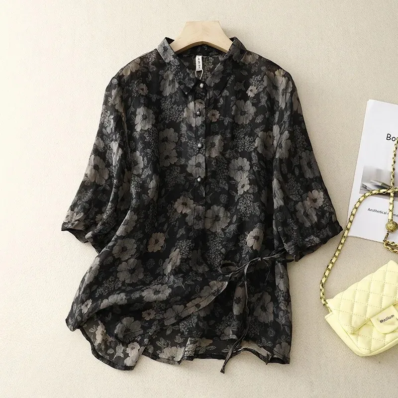 Лето 2023 новый свободный топ винтажная рубашка с цифровой печатью женская из