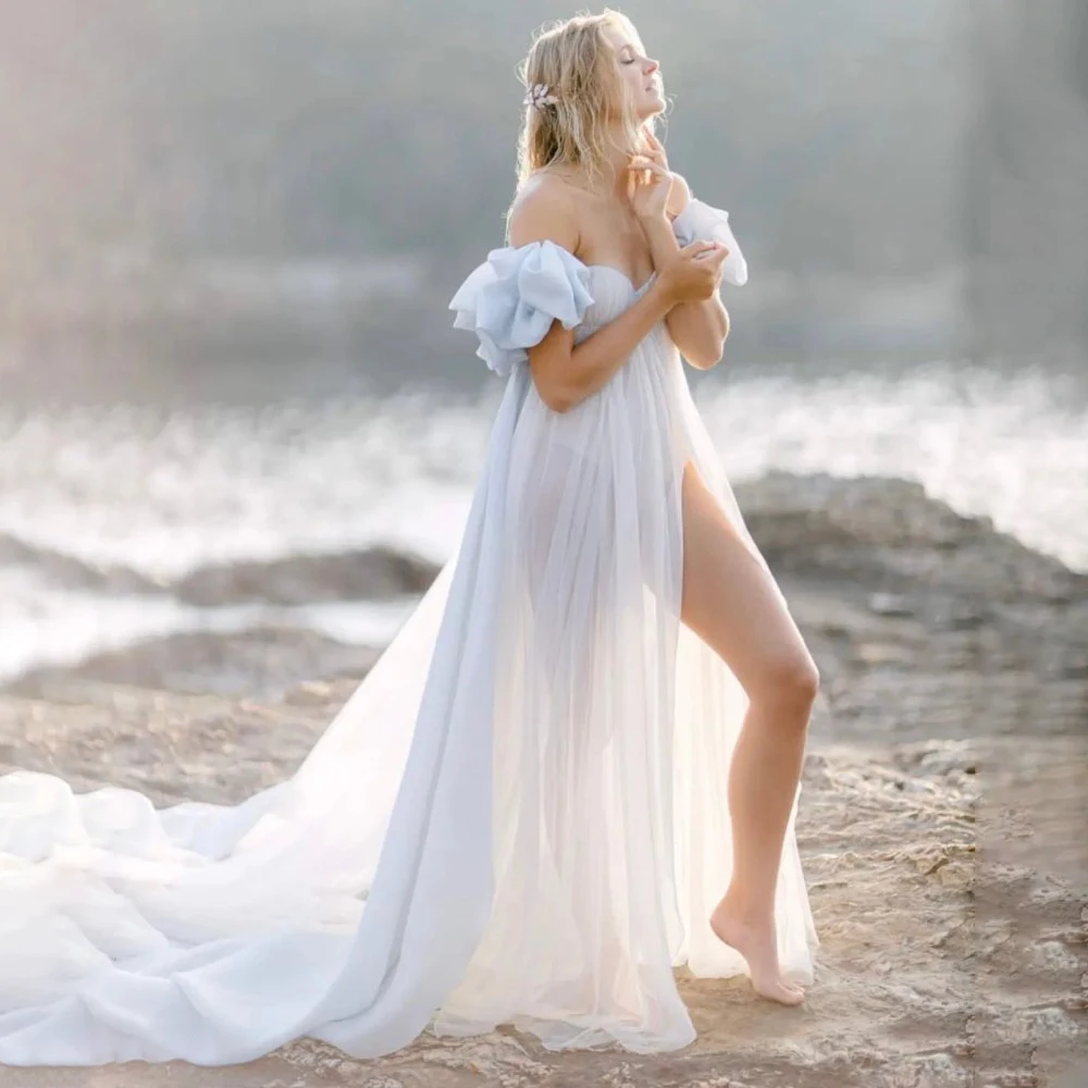 

Empire Waist Off Shoulder Chiffon Wedding Maternity Dress Pick-Ups Transparent High Split Long Simple Photography Bridal Gowns